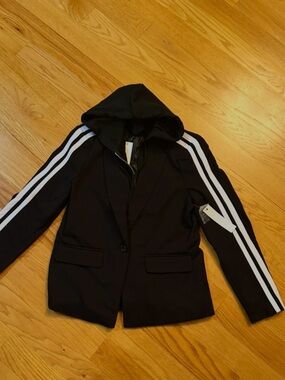 Central Park West Black Hooded Blazer with White Stripe Sleeves
